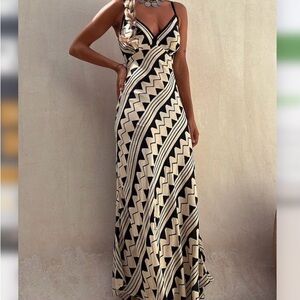 Spaghetti Strap Black & Cream Geometric Maxi Dress